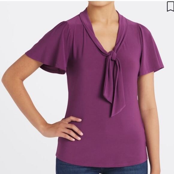 Beacon Purple Suz Tie Neck Flutter Short Sleeve Knit Top Size XXL - Picture 1 of 7
